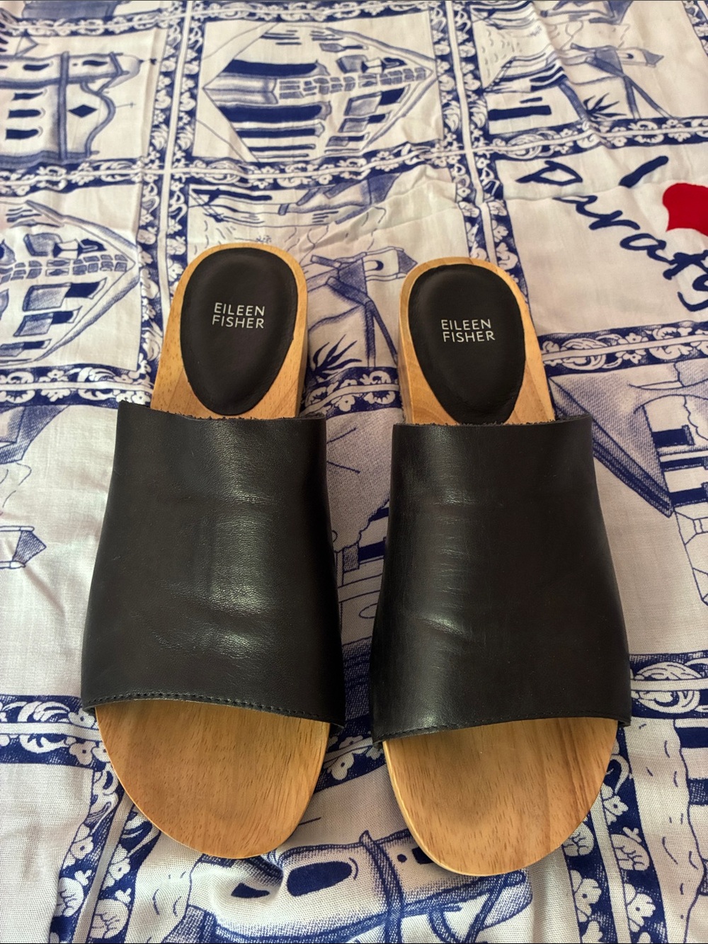 Eileen Fisher Black Leather Slide Clogs with Wood Footbed